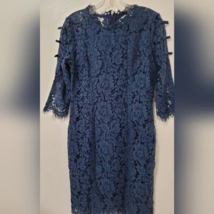 New DKNY Navy Blue Floral Lace Sheath Cocktail Dress 3/4 Bow Sleeve Size Small